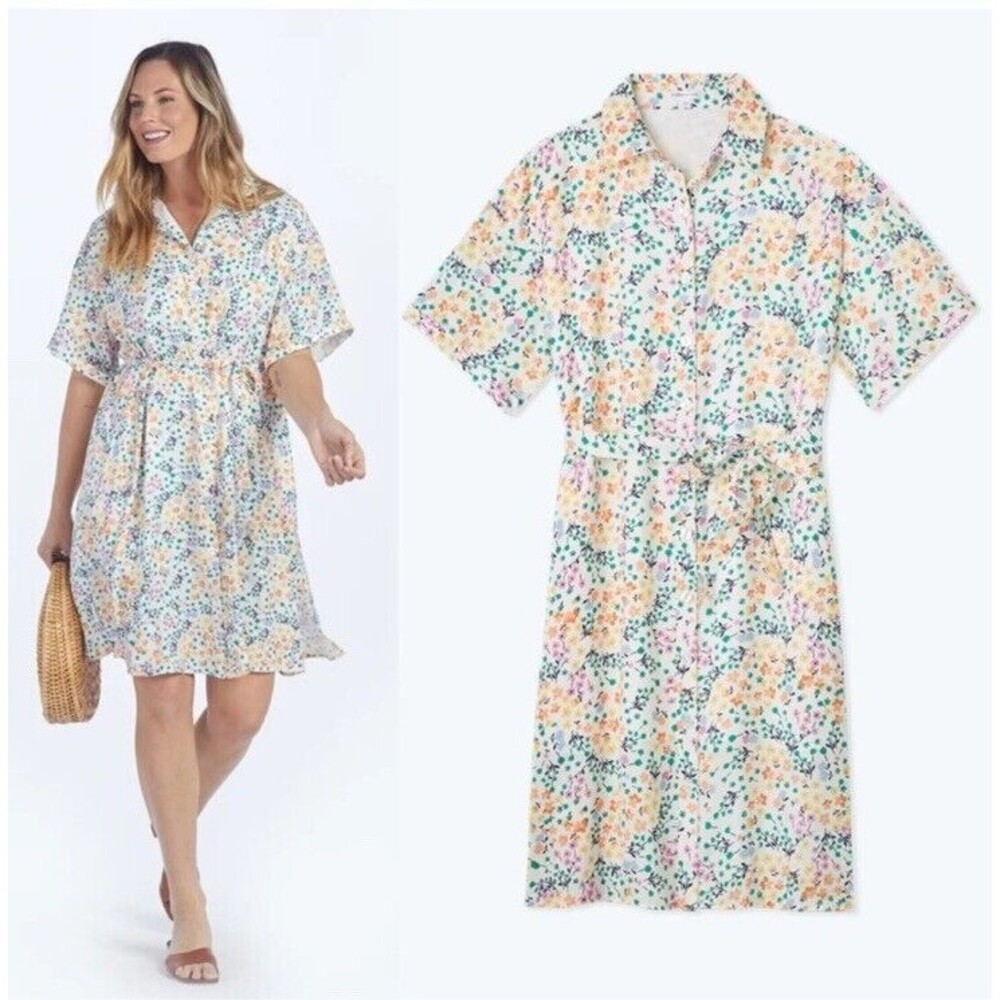 summersalt Floral Midi Shirt Dress in White with Peach and Mint Accents